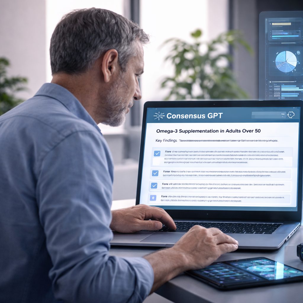 A man at a laptop reading a Consensus GPT summary of research on omega-3 supplementation in adults over 50