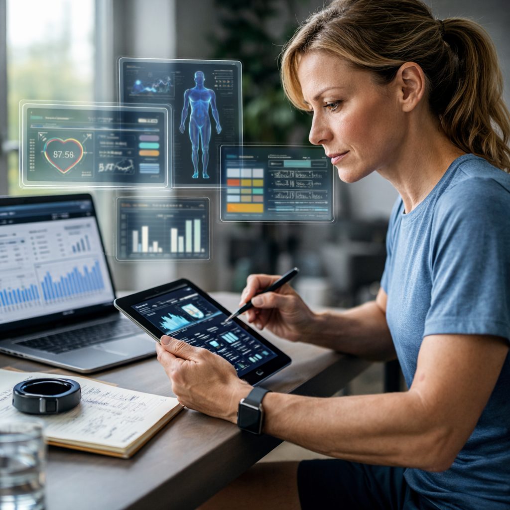 A woman reviewing health charts on a tablet surrounded by data visualizations